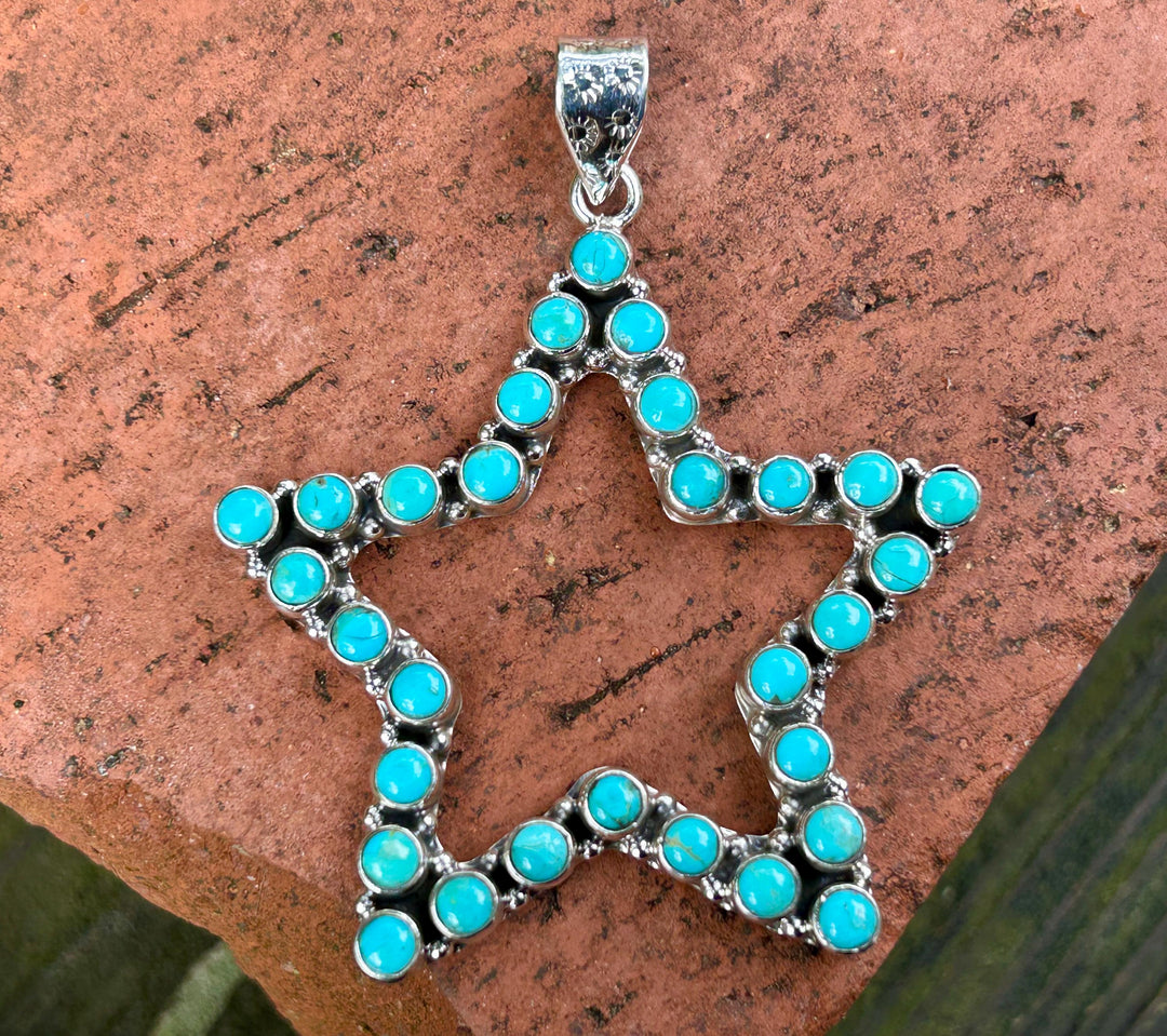 Kingman Turquoise Star Pendant Necklace - Sterling Silver Chain