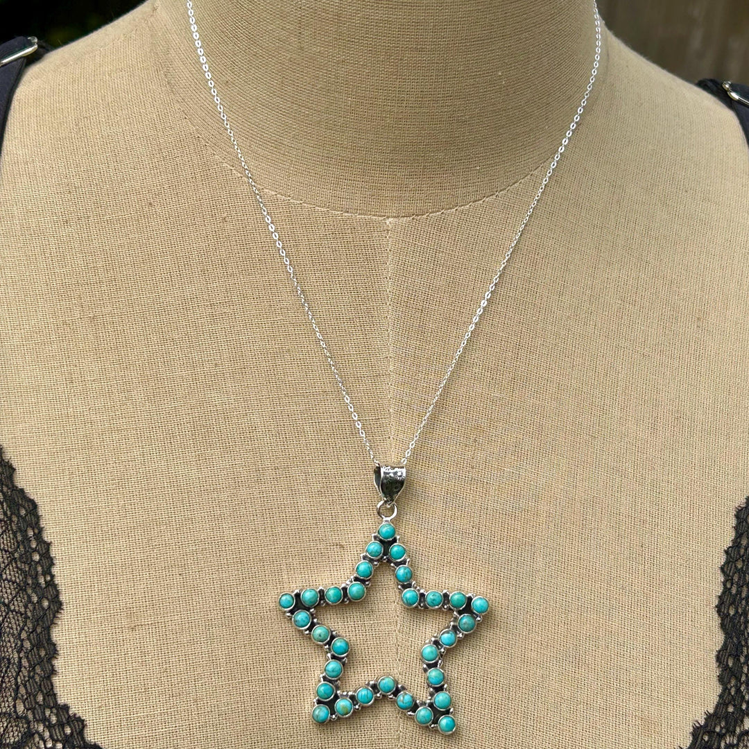 Kingman Turquoise Star Pendant Necklace - Sterling Silver Chain