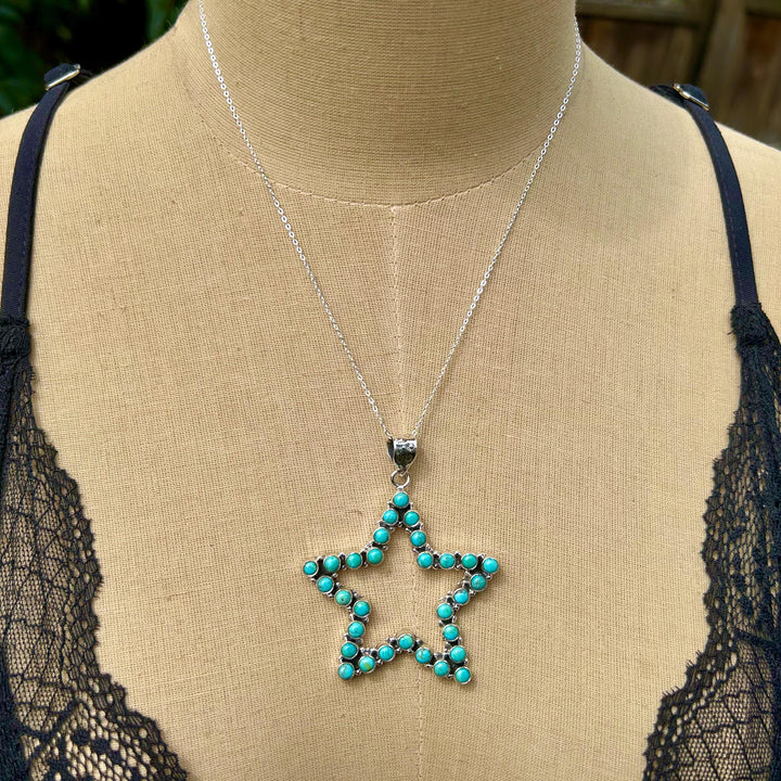 Kingman Turquoise Star Pendant Necklace - Sterling Silver Chain