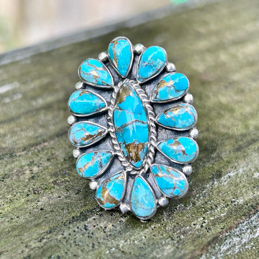 Turquoise Copper Sterling Silver Cluster Ring Western Southwestern Jewelry