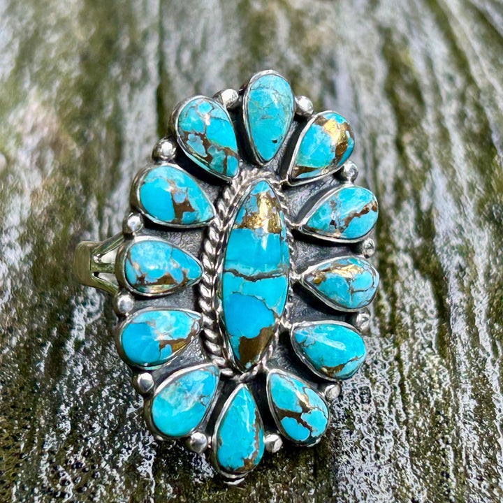 Turquoise Copper Sterling Silver Cluster Ring Western Southwestern Jewelry