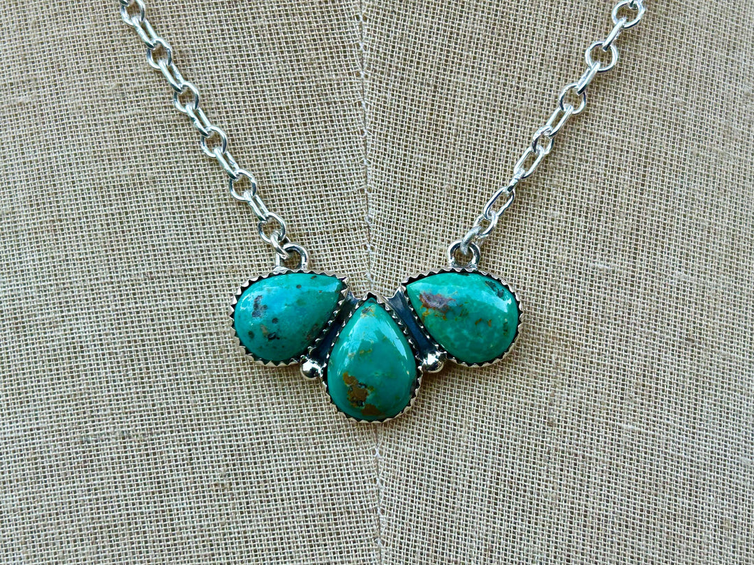 Sterling Silver Kingman Turquoise Pendant Necklace - Teardrop Cluster