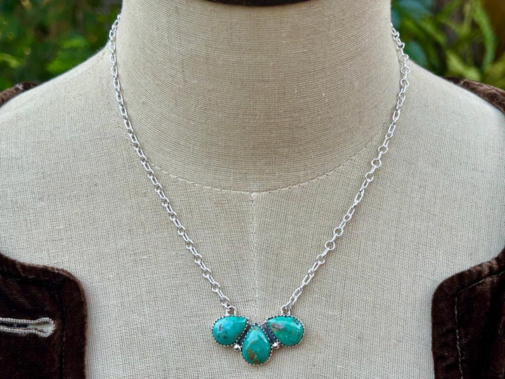 Sterling Silver Kingman Turquoise Pendant Necklace - Teardrop Cluster