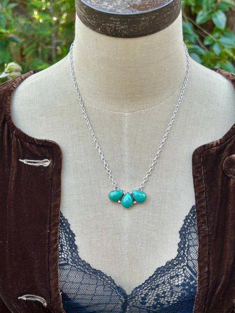 Sterling Silver Kingman Turquoise Pendant Necklace - Teardrop Cluster