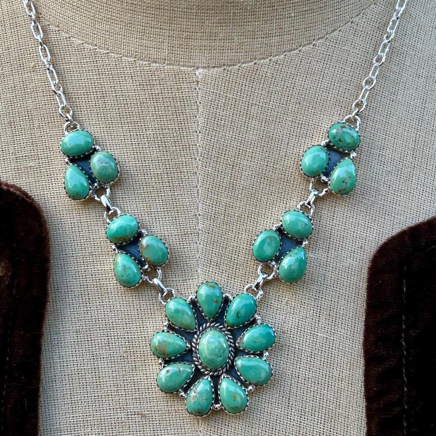 Turquoise and Sterling Silver Squash Blossom Necklace Royston Turquoise Handmade Turquoise Necklace Turquoise Gemstone Southwestern