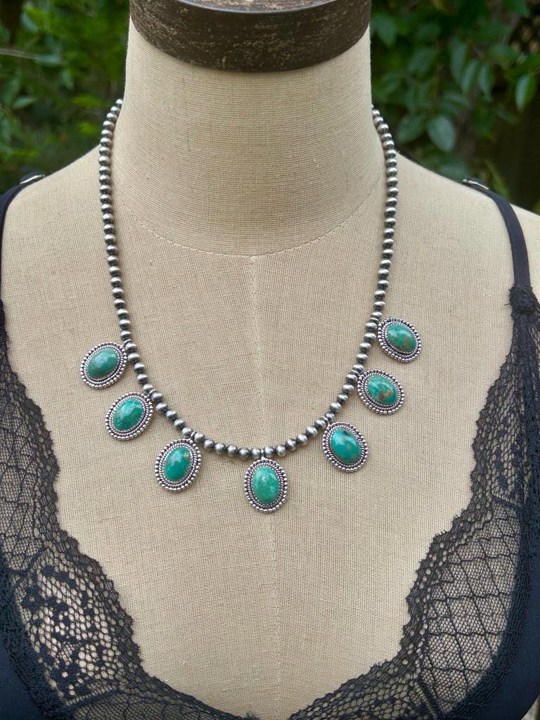 Royston Turquoise 7 Stone Necklace: Sterling Silver & Navajo Pearl Jewelry Handmade