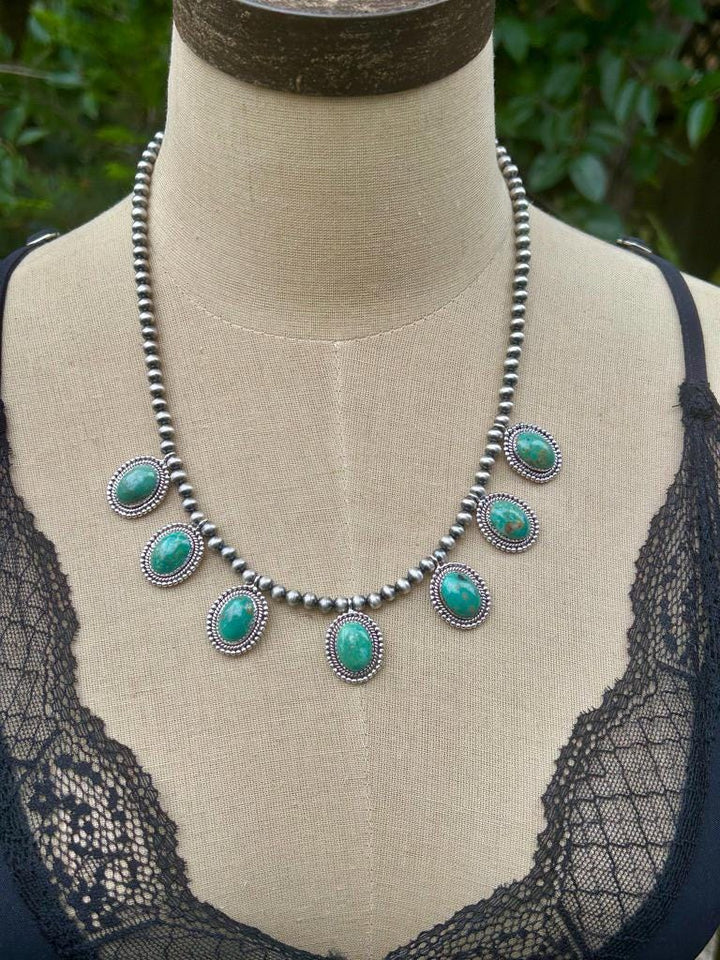 Royston Turquoise 7 Stone Necklace: Sterling Silver & Navajo Pearl Jewelry Handmade