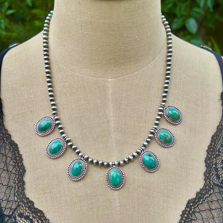 Royston Turquoise 7 Stone Necklace: Sterling Silver & Navajo Pearl Jewelry Handmade