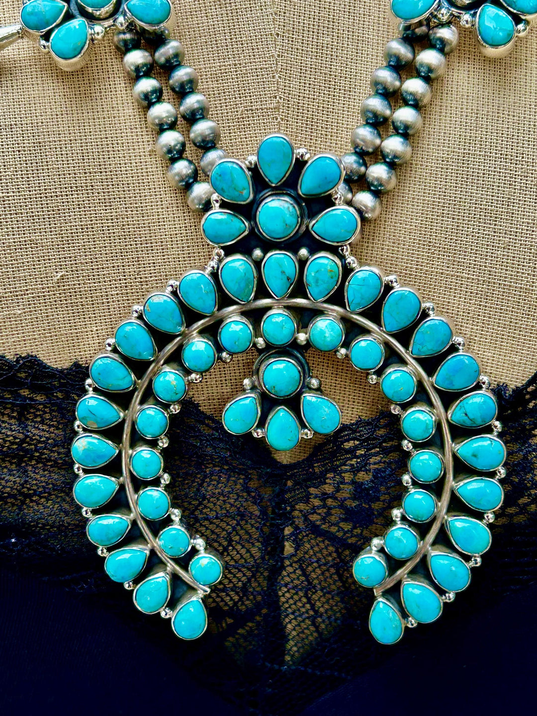Kingman Turquoise Squash Blossom Necklace, Turquoise Cluster Necklace, Signed Hallmarked Sterling Turquoise Necklace, Southwestern Necklace