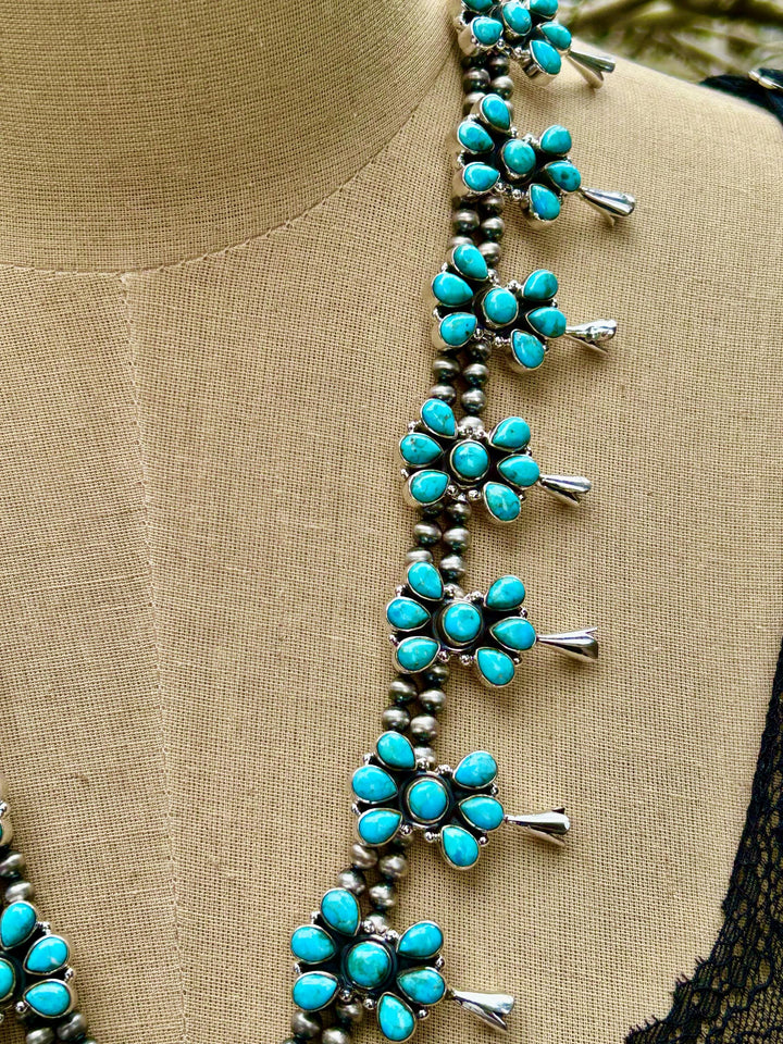 Kingman Turquoise Squash Blossom Necklace, Turquoise Cluster Necklace, Signed Hallmarked Sterling Turquoise Necklace, Southwestern Necklace