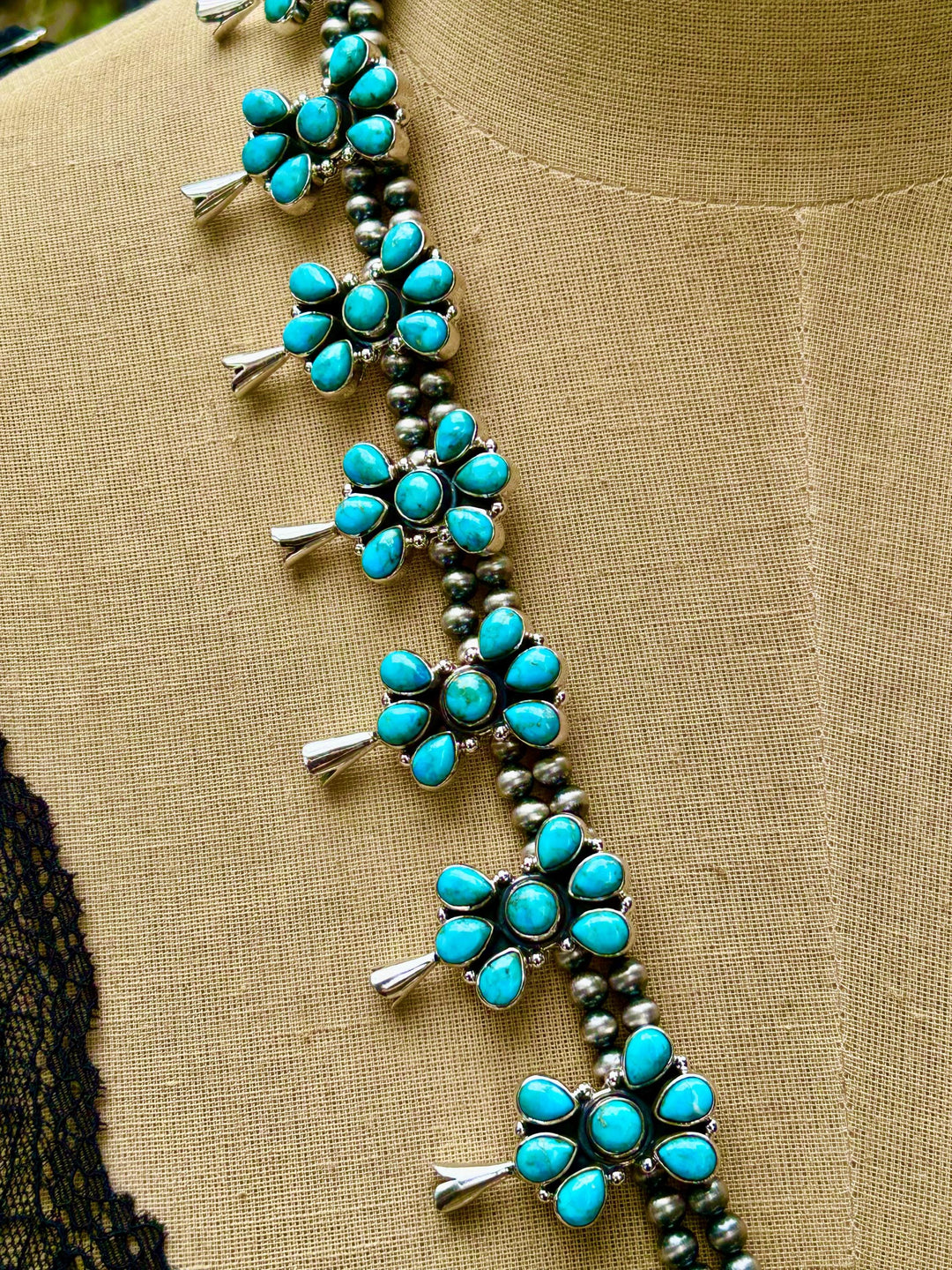 Kingman Turquoise Squash Blossom Necklace, Turquoise Cluster Necklace, Signed Hallmarked Sterling Turquoise Necklace, Southwestern Necklace