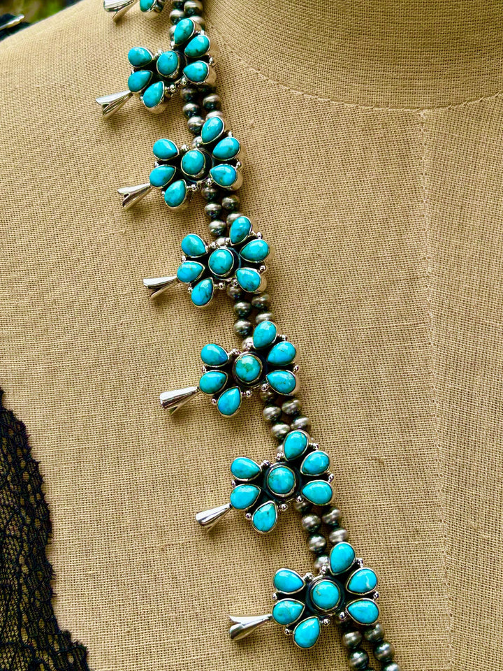 Kingman Turquoise Squash Blossom Necklace, Turquoise Cluster Necklace, Signed Hallmarked Sterling Turquoise Necklace, Southwestern Necklace