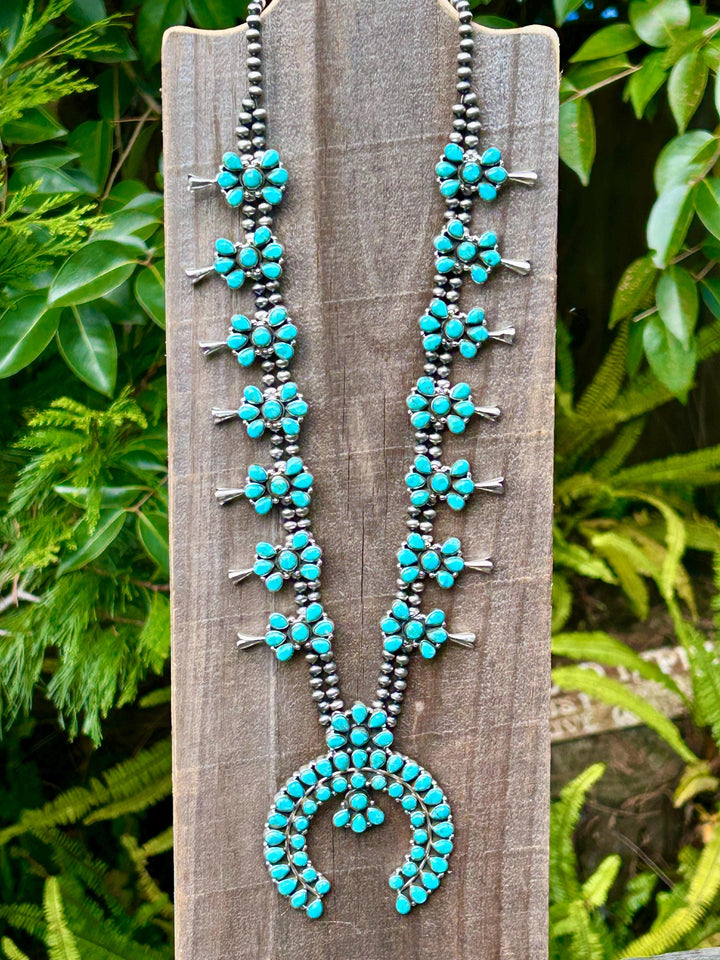 Kingman Turquoise Squash Blossom Necklace, Turquoise Cluster Necklace, Signed Hallmarked Sterling Turquoise Necklace, Southwestern Necklace