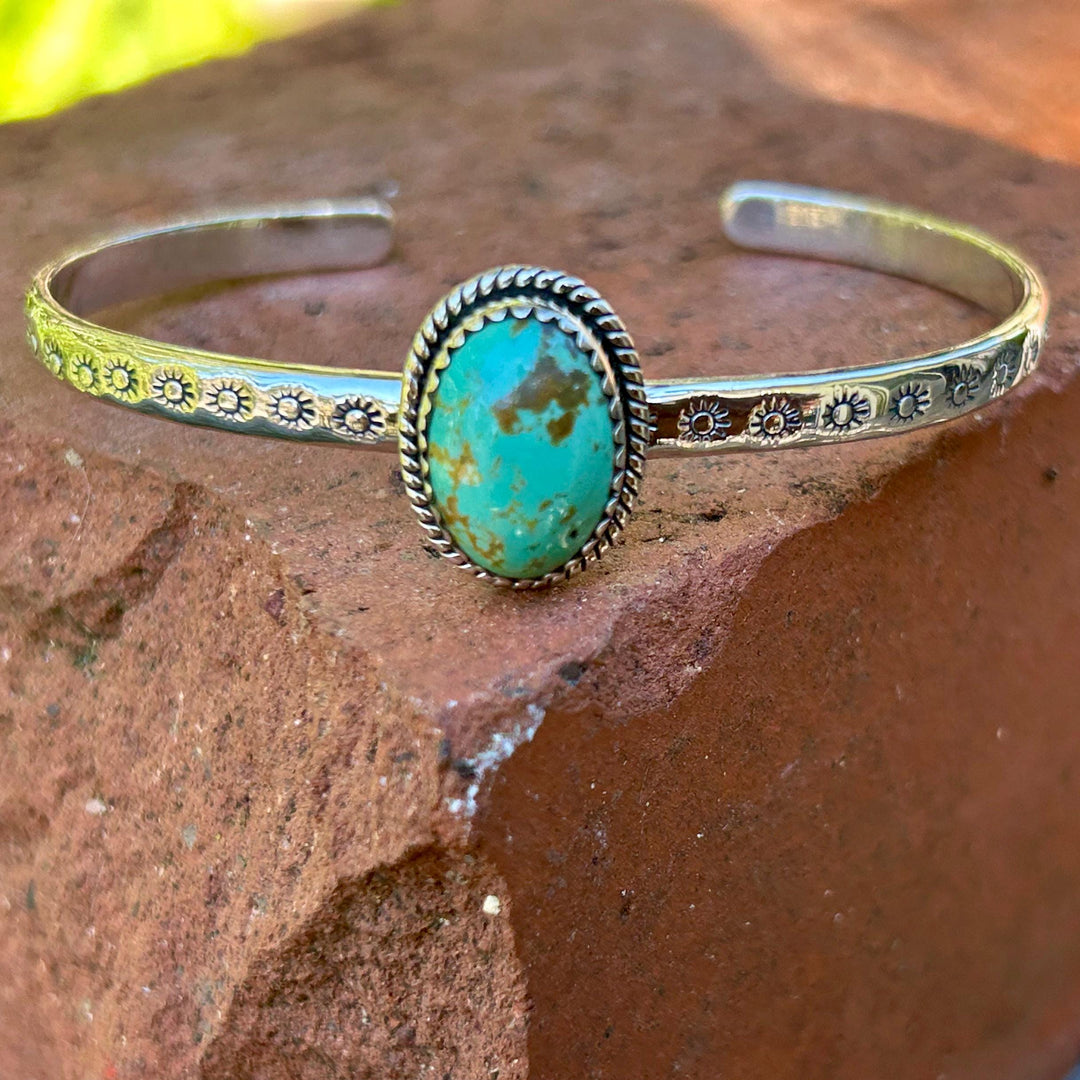 Kingman Turquoise Sterling Silver Cuff Bracelet: Southwestern Stamped Design