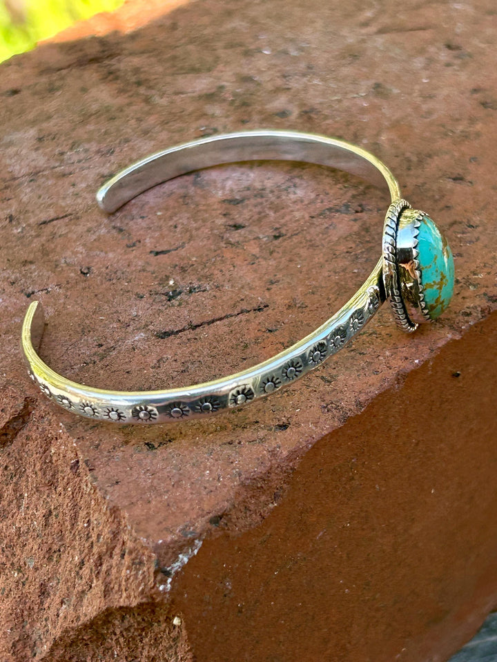 Kingman Turquoise Sterling Silver Cuff Bracelet: Southwestern Stamped Design