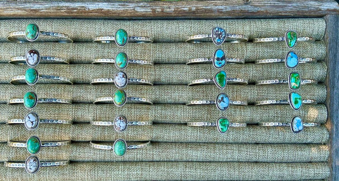 Kingman Turquoise Sterling Silver Cuff Bracelet: Southwestern Stamped Design