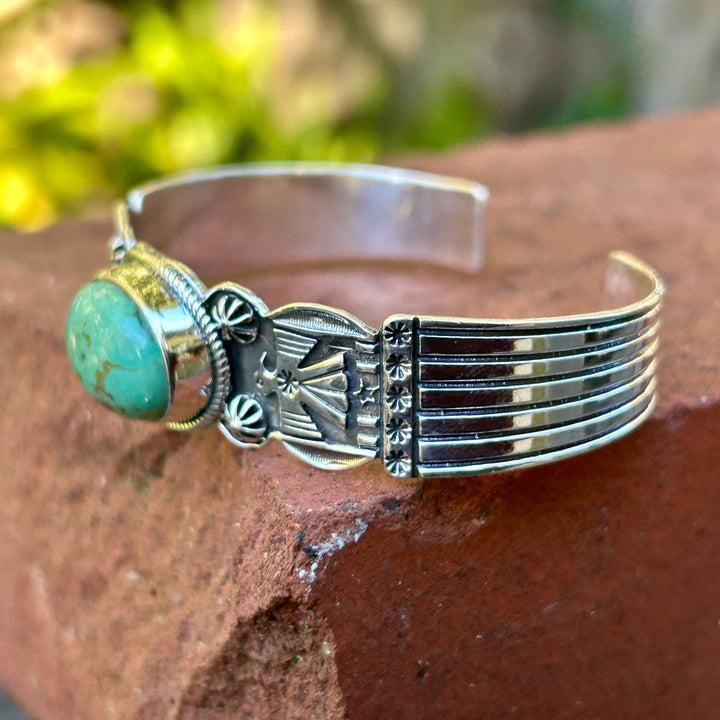 Kingman Turquoise Thunderbird Bracelet Cuff Handmade Stamped Sterling Signed Turquoise Cuff Thunderbird Cuff Turquoise Bracelet Southwest