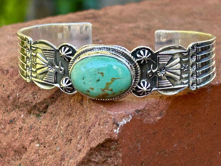 Kingman Turquoise Thunderbird Bracelet Cuff Handmade Stamped Sterling Signed Turquoise Cuff Thunderbird Cuff Turquoise Bracelet Southwest