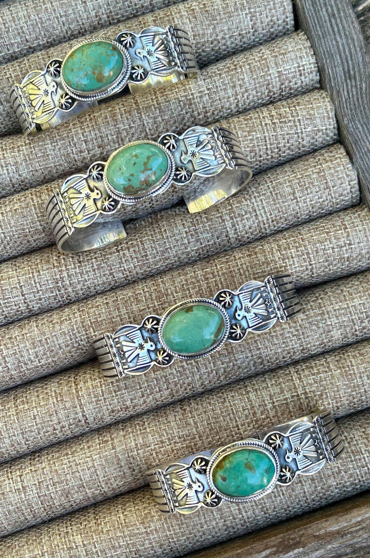 Kingman Turquoise Thunderbird Bracelet Cuff Handmade Stamped Sterling Signed Turquoise Cuff Thunderbird Cuff Turquoise Bracelet Southwest