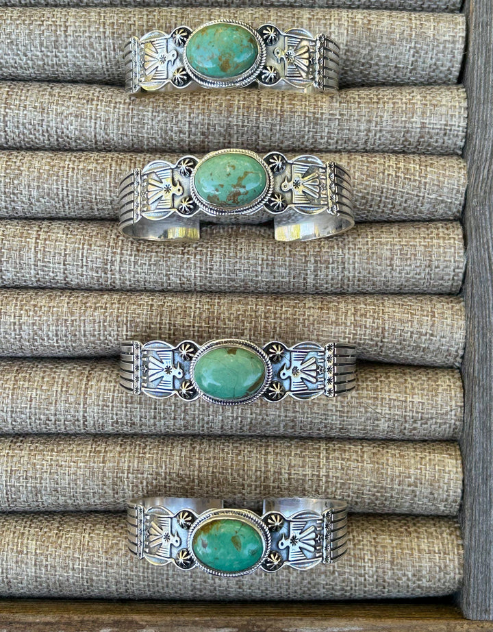 Kingman Turquoise Thunderbird Bracelet Cuff Handmade Stamped Sterling Signed Turquoise Cuff Thunderbird Cuff Turquoise Bracelet Southwest