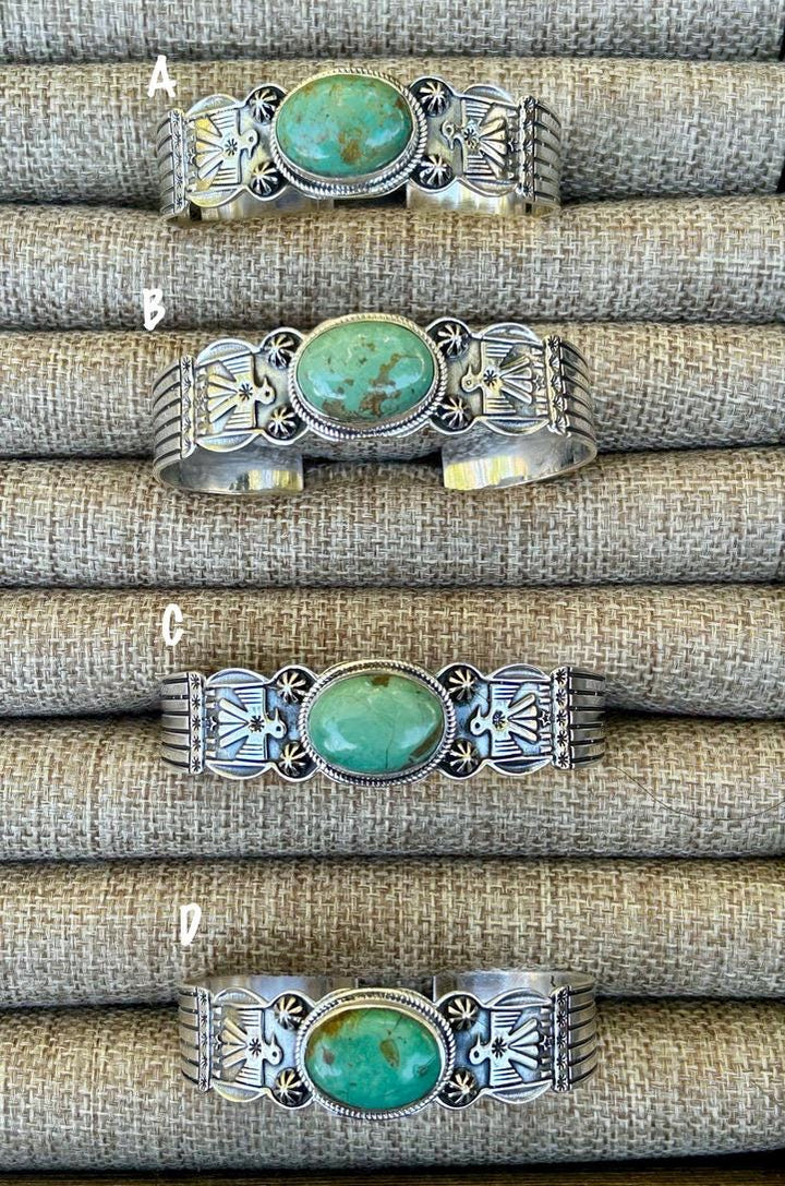 Kingman Turquoise Thunderbird Bracelet Cuff Handmade Stamped Sterling Signed Turquoise Cuff Thunderbird Cuff Turquoise Bracelet Southwest