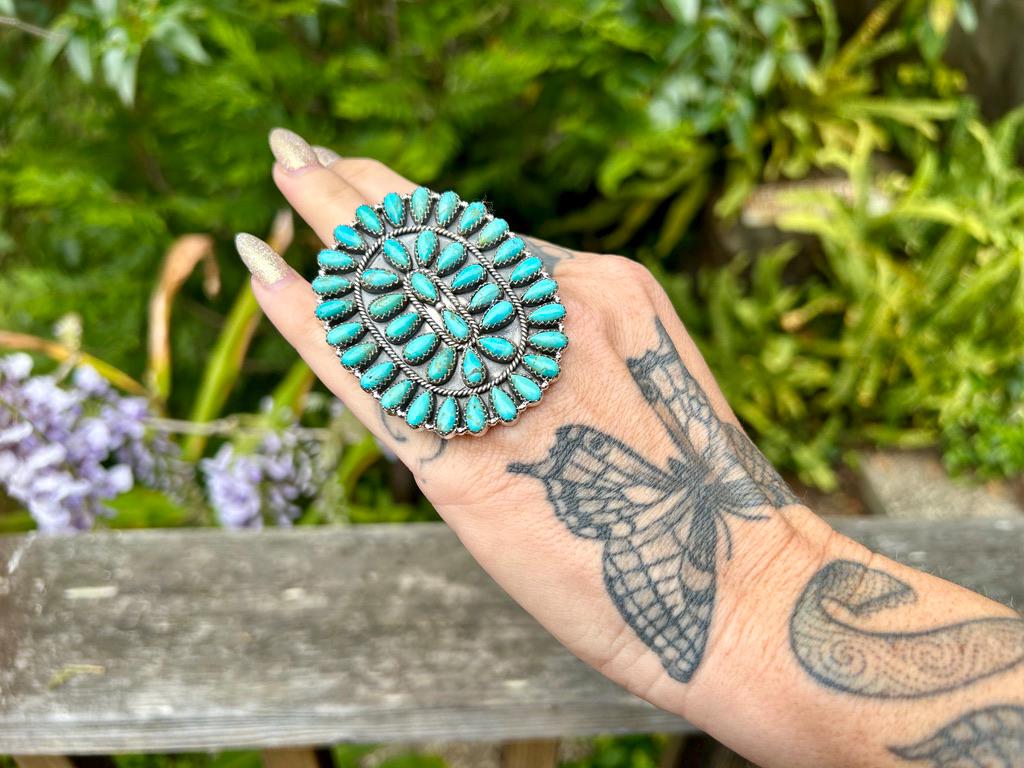 Kingman Turquoise Cluster Ring - Sterling Silver - Statement Big Ring