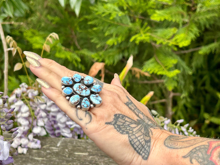 Golden Hills Turquoise Cluster Ring - Navajo Sterling Silver Adjustable