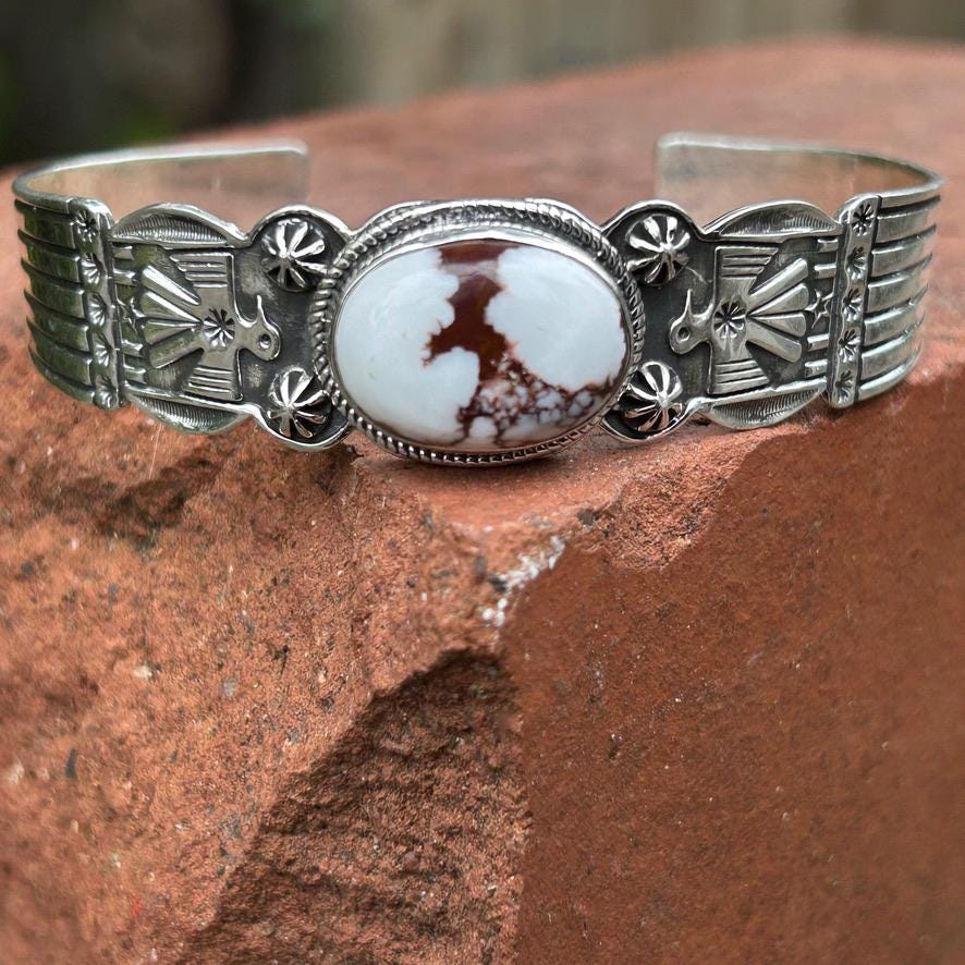 Wild Horse and Sterling Silver Thunderbird Cuff Bracelet Signed and Stamped Sterling Southwestern Wild Horse Bracelet Cuff Wild Horse Cuff