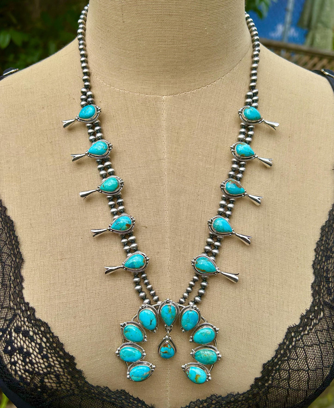 Kingman Turquoise Squash Blossom Necklace, Turquoise Necklace, Signed Hallmarked Sterling Southwestern Necklace, Handmade Squash Blossom