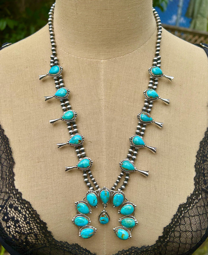 Kingman Turquoise Squash Blossom Necklace, Turquoise Necklace, Signed Hallmarked Sterling Southwestern Necklace, Handmade Squash Blossom