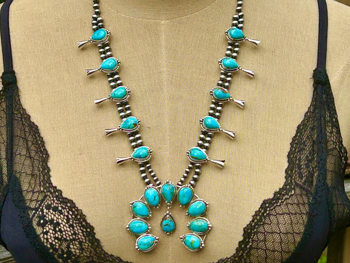 Kingman Turquoise Squash Blossom Necklace, Turquoise Necklace, Signed Hallmarked Sterling Southwestern Necklace, Handmade Squash Blossom