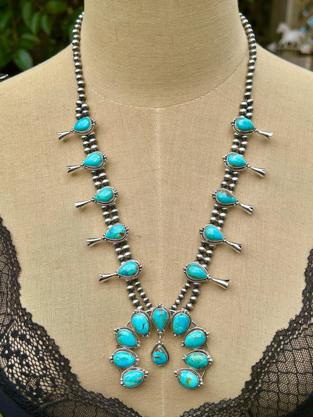 Kingman Turquoise Squash Blossom Necklace, Turquoise Necklace, Signed Hallmarked Sterling Southwestern Necklace, Handmade Squash Blossom