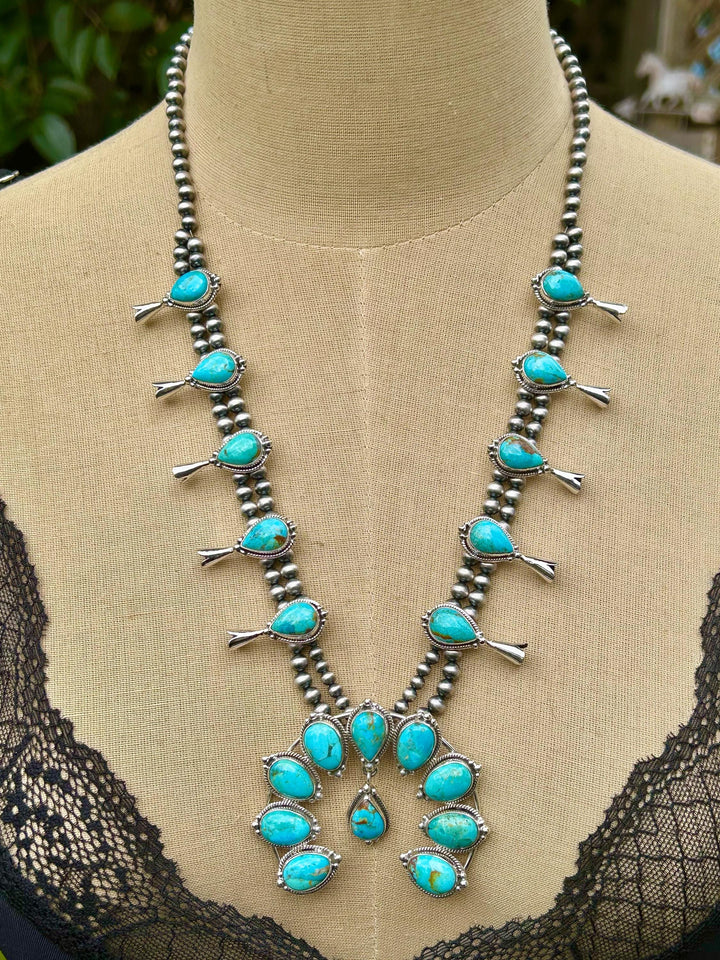 Kingman Turquoise Squash Blossom Necklace, Turquoise Necklace, Signed Hallmarked Sterling Southwestern Necklace, Handmade Squash Blossom