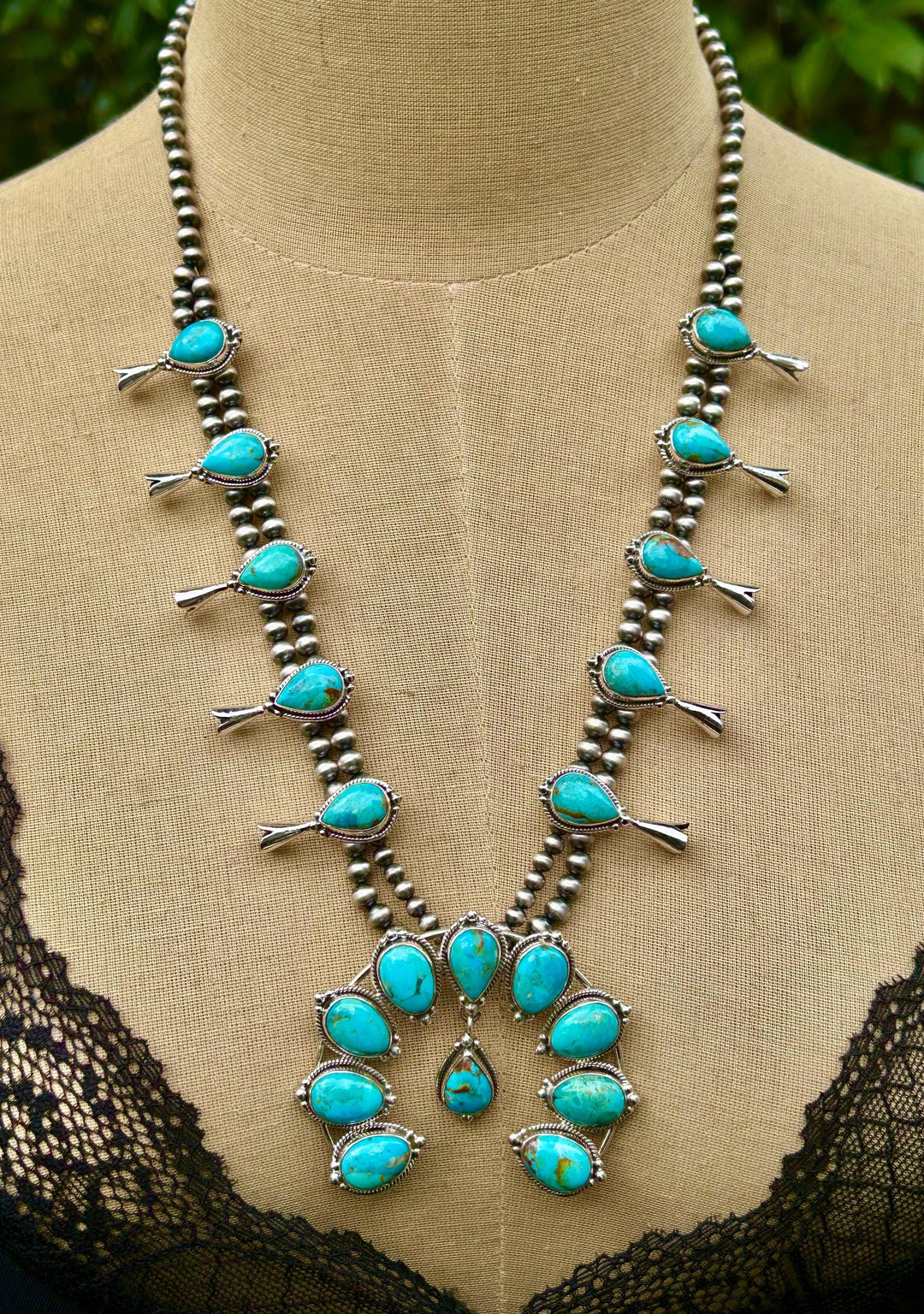 Kingman Turquoise Squash Blossom Necklace, Turquoise Necklace, Signed Hallmarked Sterling Southwestern Necklace, Handmade Squash Blossom