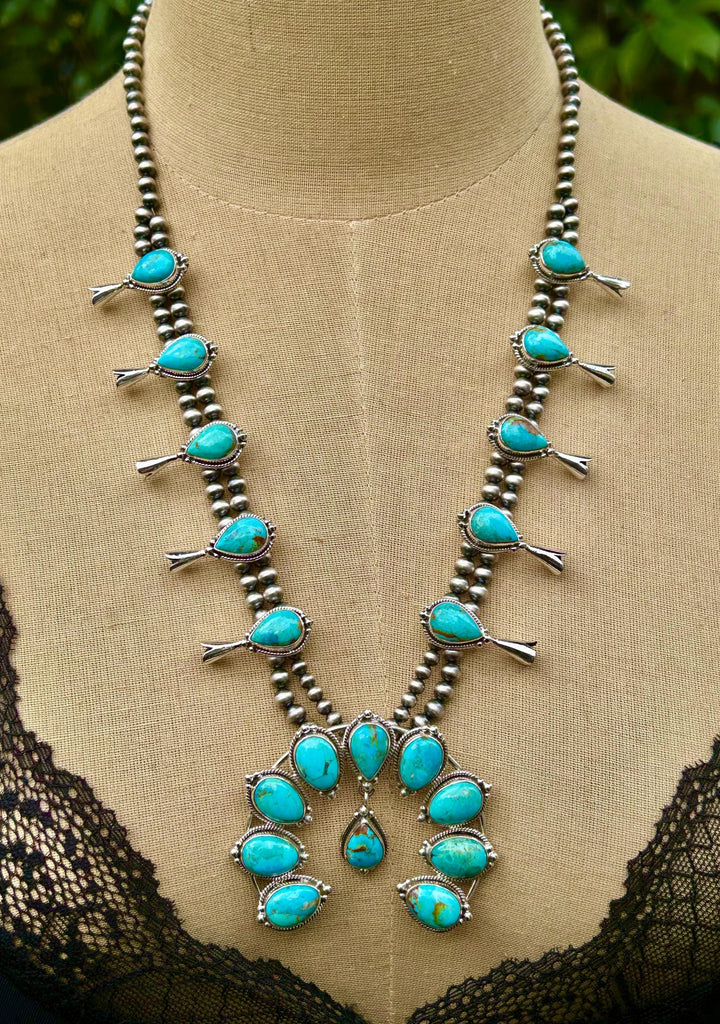 Kingman Turquoise Squash Blossom Necklace, Turquoise Necklace, Signed Hallmarked Sterling Southwestern Necklace, Handmade Squash Blossom