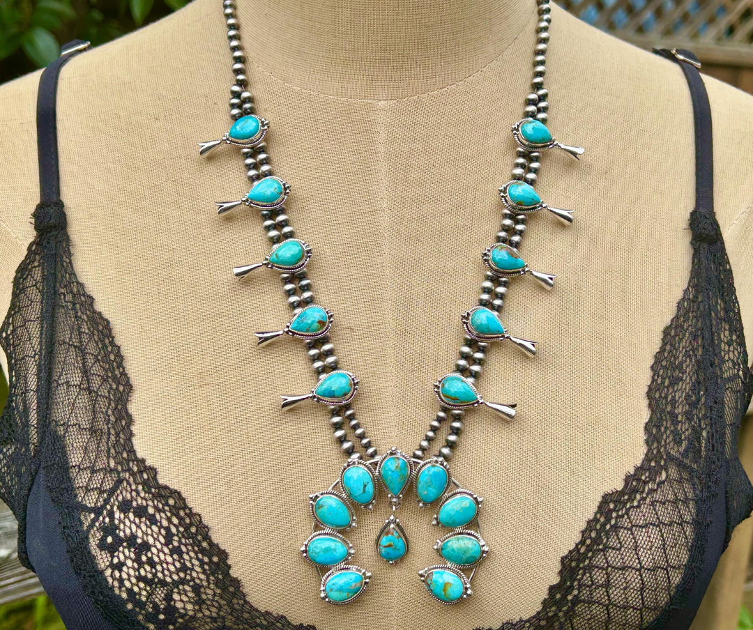 Kingman Turquoise Squash Blossom Necklace, Turquoise Necklace, Signed Hallmarked Sterling Southwestern Necklace, Handmade Squash Blossom