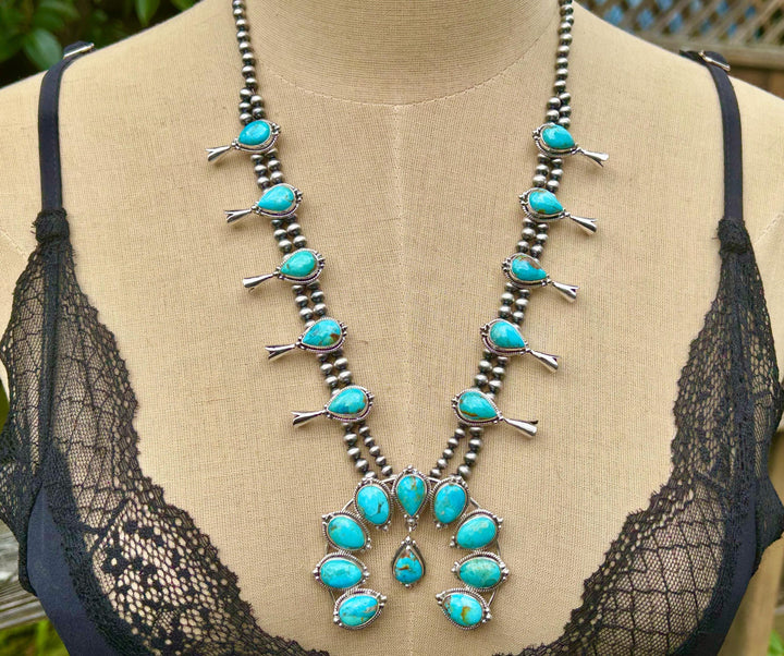 Kingman Turquoise Squash Blossom Necklace, Turquoise Necklace, Signed Hallmarked Sterling Southwestern Necklace, Handmade Squash Blossom