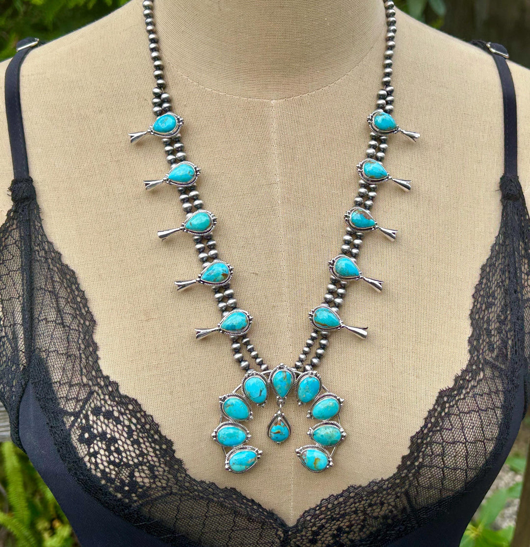 Kingman Turquoise Squash Blossom Necklace, Turquoise Necklace, Signed Hallmarked Sterling Southwestern Necklace, Handmade Squash Blossom
