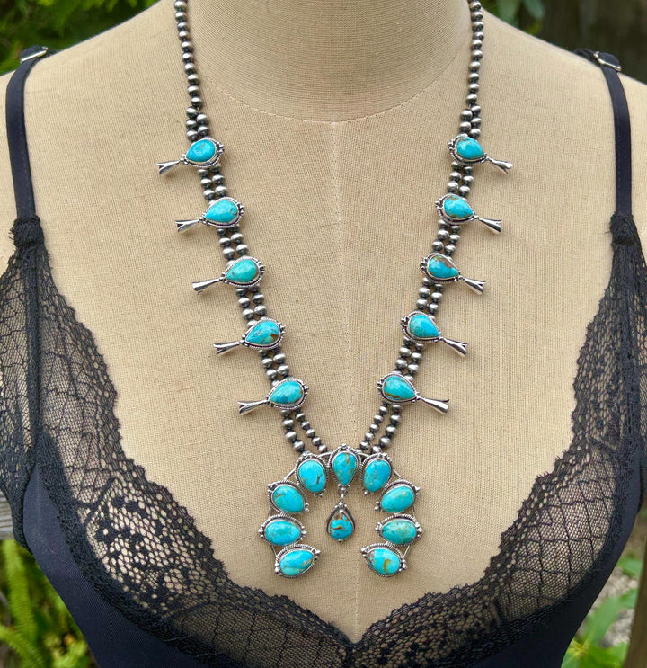 Kingman Turquoise Squash Blossom Necklace, Turquoise Necklace, Signed Hallmarked Sterling Southwestern Necklace, Handmade Squash Blossom