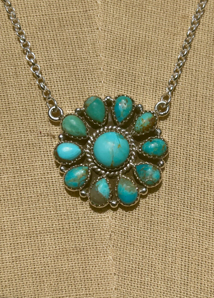 Kingman Turquoise Cluster Necklace: Sterling Silver, Southwestern Flower Pendant