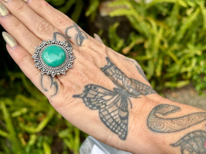 Handmade Royston Turquoise Statement Ring:  Sterling Silver Lace - Adjustable
