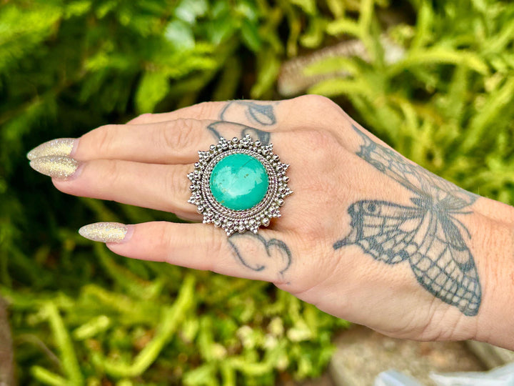 Handmade Royston Turquoise Statement Ring:  Sterling Silver Lace - Adjustable