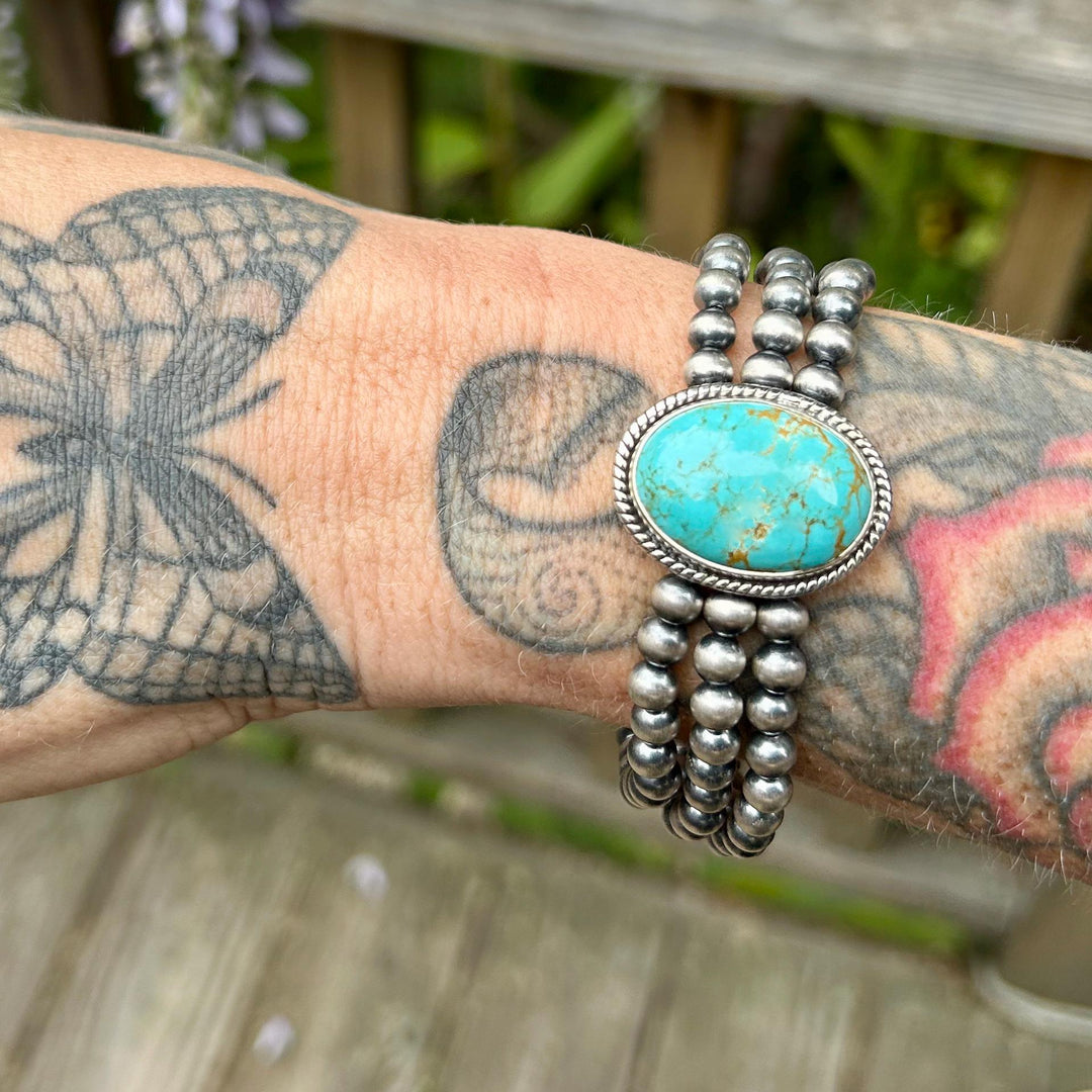 Handmade Turquoise Navajo Pearl Silver Bracelet, Kingman Turquoise Beaded Bracelet, Sterling Silver Pearls, Southwestern Turquoise Bracelet