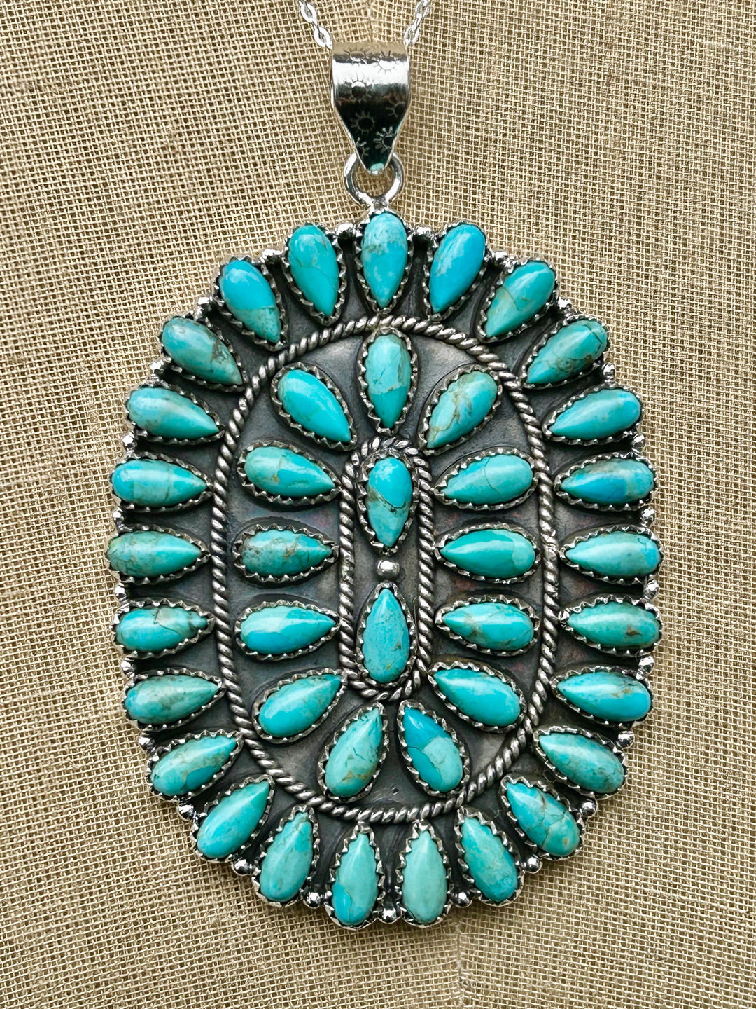 Kingman Turquoise Cluster Pendant Necklace: Handmade Sterling Silver, Signed SHR