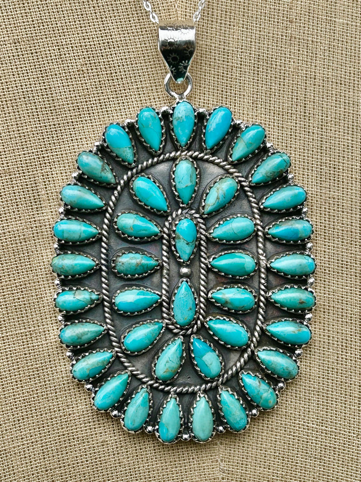 Kingman Turquoise Cluster Pendant Necklace: Handmade Sterling Silver, Signed SHR