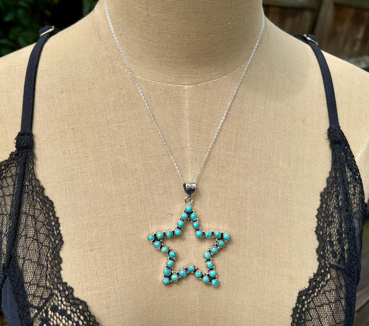 Kingman Turquoise Star Pendant Necklace - Sterling Silver Chain
