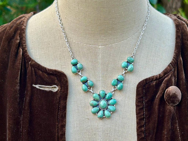 Turquoise and Sterling Silver Squash Blossom Necklace Royston Turquoise Handmade Turquoise Necklace Turquoise Gemstone Southwestern