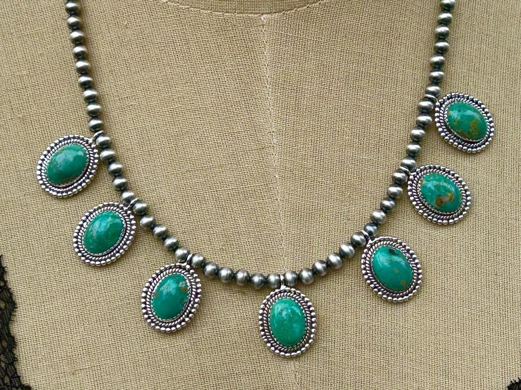 Royston Turquoise 7 Stone Necklace: Sterling Silver & Navajo Pearl Jewelry Handmade