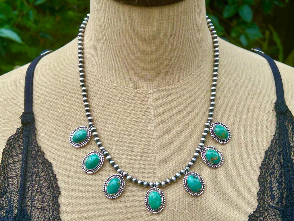 Royston Turquoise 7 Stone Necklace: Sterling Silver & Navajo Pearl Jewelry Handmade