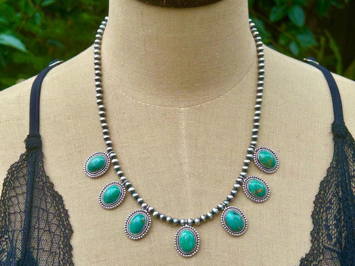 Royston Turquoise 7 Stone Necklace: Sterling Silver & Navajo Pearl Jewelry Handmade